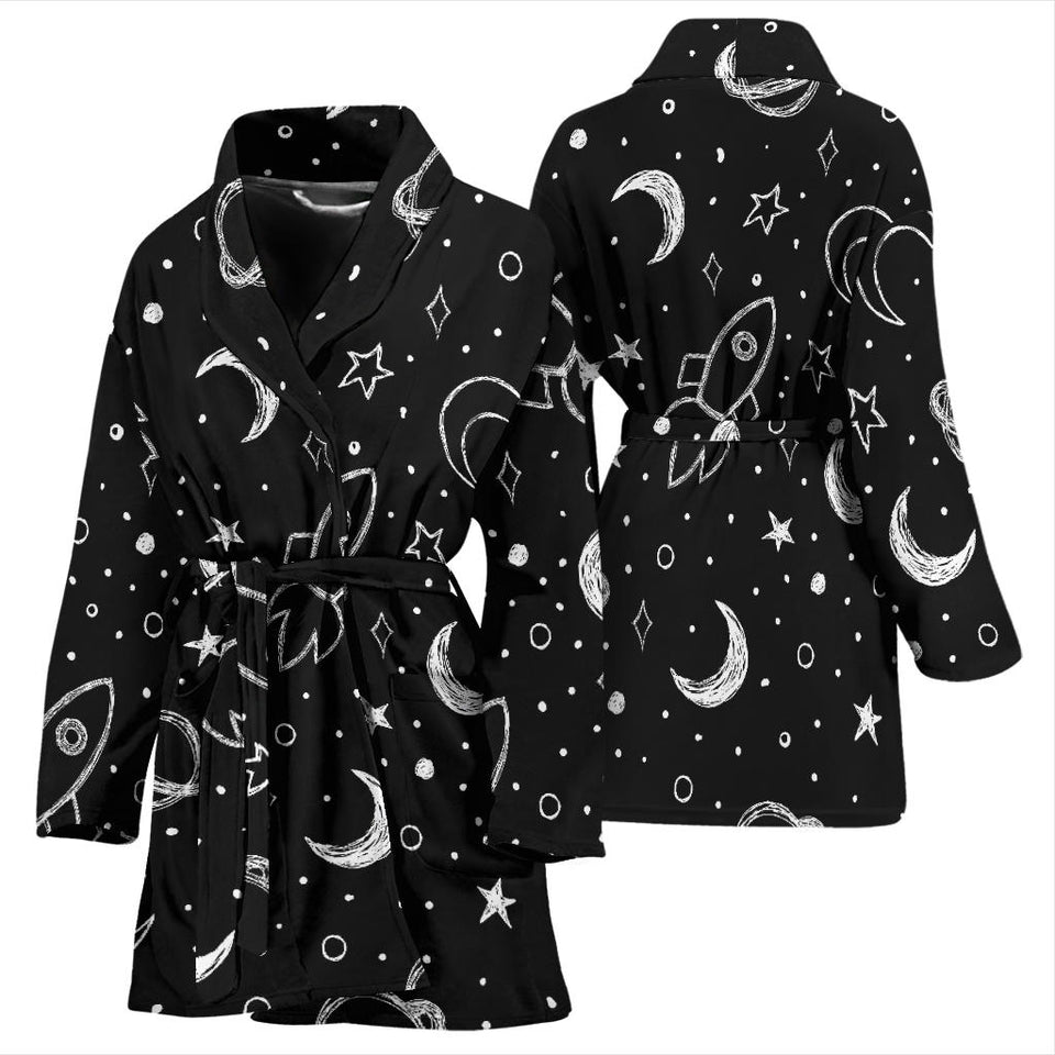 Hand Drawn Space Rocket Star Planet Women'S Bathrobe