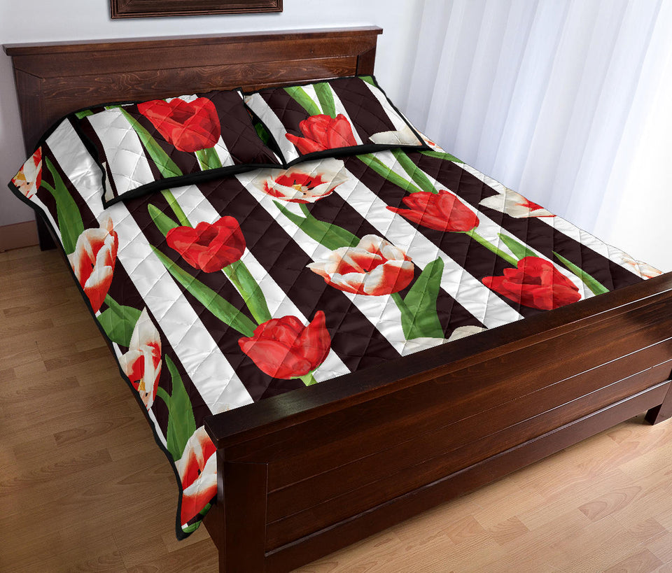 red and white tulips pattern Quilt Bed Set