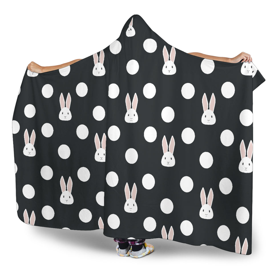 Cute White Rabbit Polka Dots Black Background Hooded Blanket