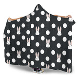Cute White Rabbit Polka Dots Black Background Hooded Blanket