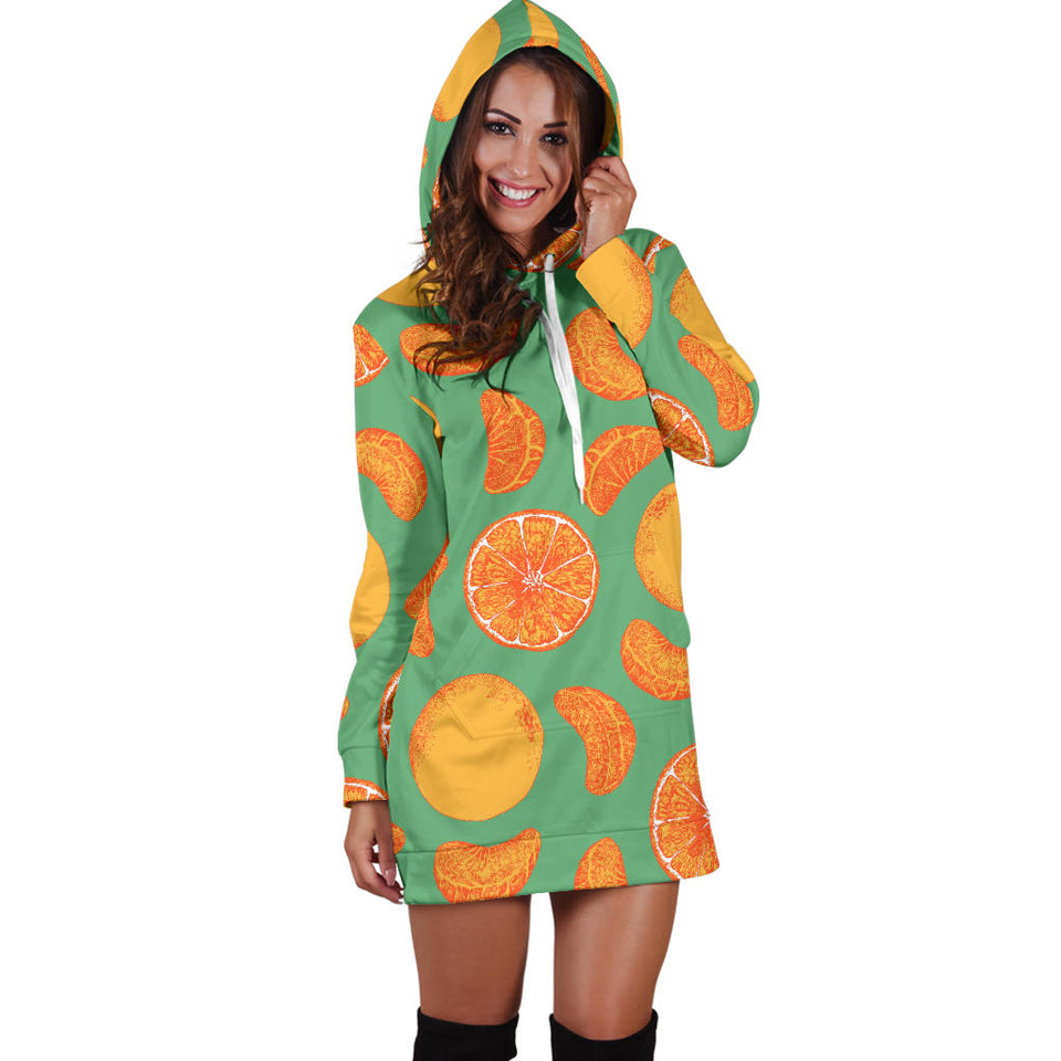 Orange Fruit Pattern Green Background Women'S Hoodie Dress