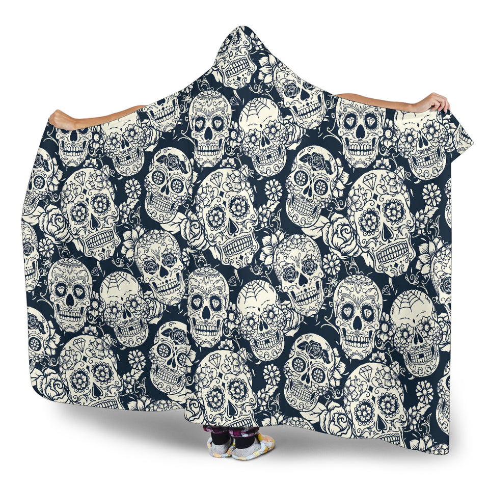 Sugar Skull Black White Pattern Hooded Blanket