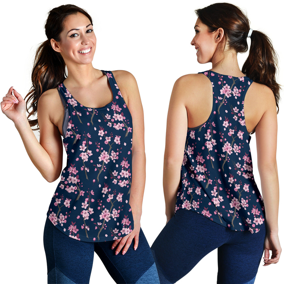 Pink sakura cherry blossom blue background Women Racerback Tank Top