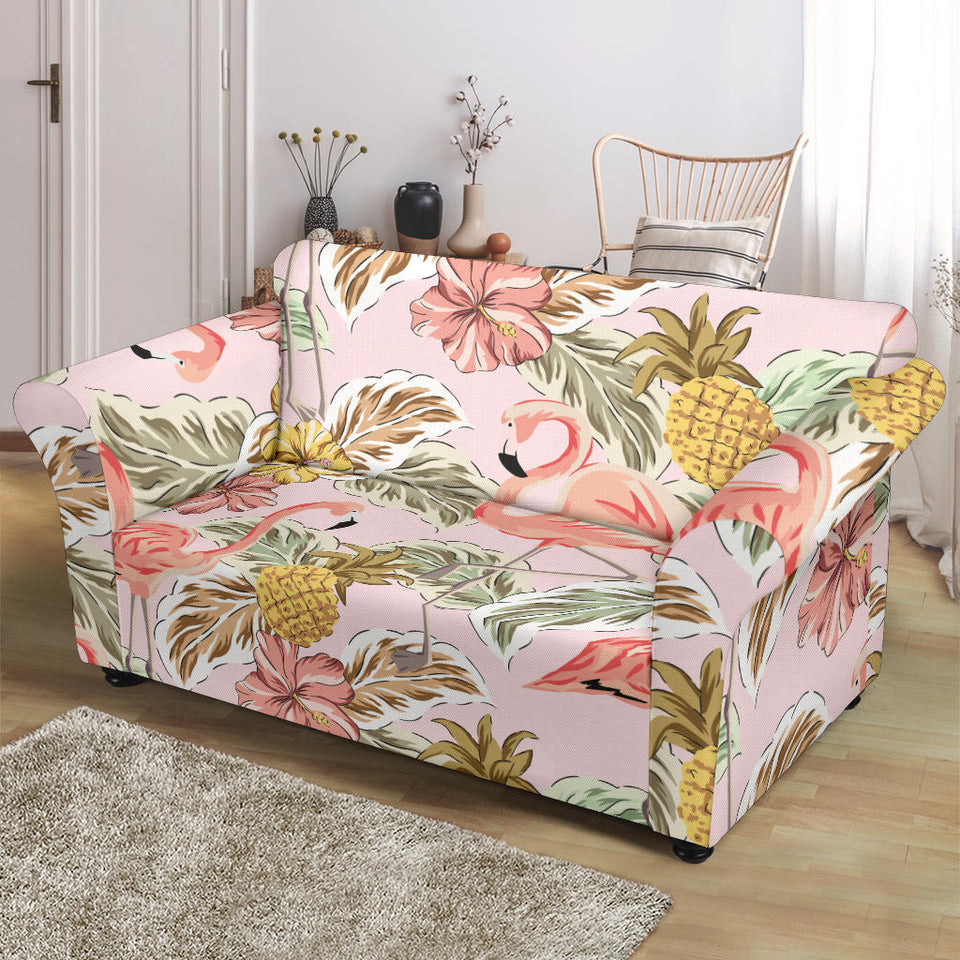 Pink Flamingo Birds Pineapples Hibiscus Flower Pattern Loveseat Couch Slipcover