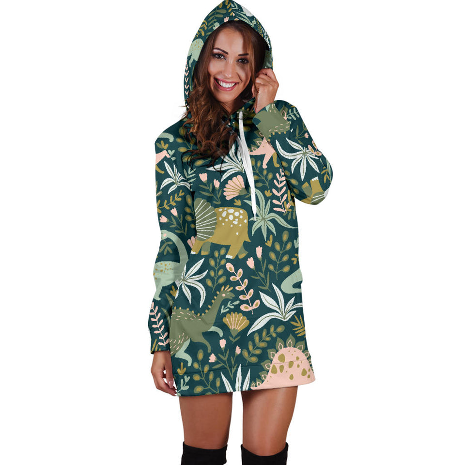 Dinosaurs Tropical Leaves Flower Pattern Women'S Hoodie Dress