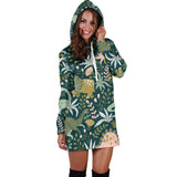Dinosaurs Tropical Leaves Flower Pattern Women'S Hoodie Dress