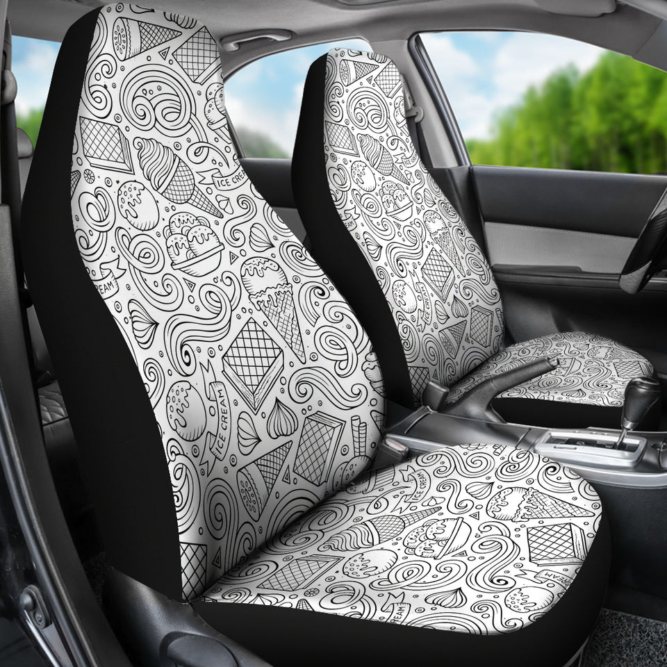 Cartoon Hand Drawn Ice Cream Black White Universal Fit Car Seat Covers
