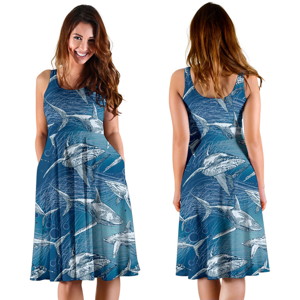 Shark Hand Drawn Sleeveless Midi Dress