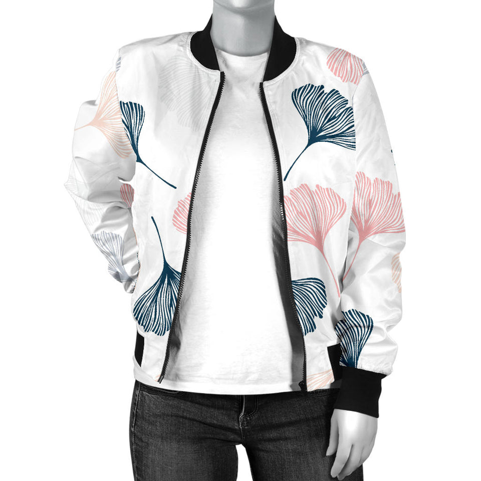 Black Gray Cream Coral Ginkgo Leaves Pattern Women'S Bomber Jacket