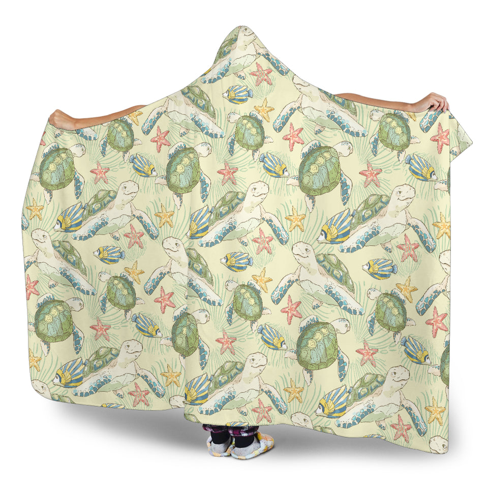Hand Drawn Sea Turtle Fish Pattern Hooded Blanket