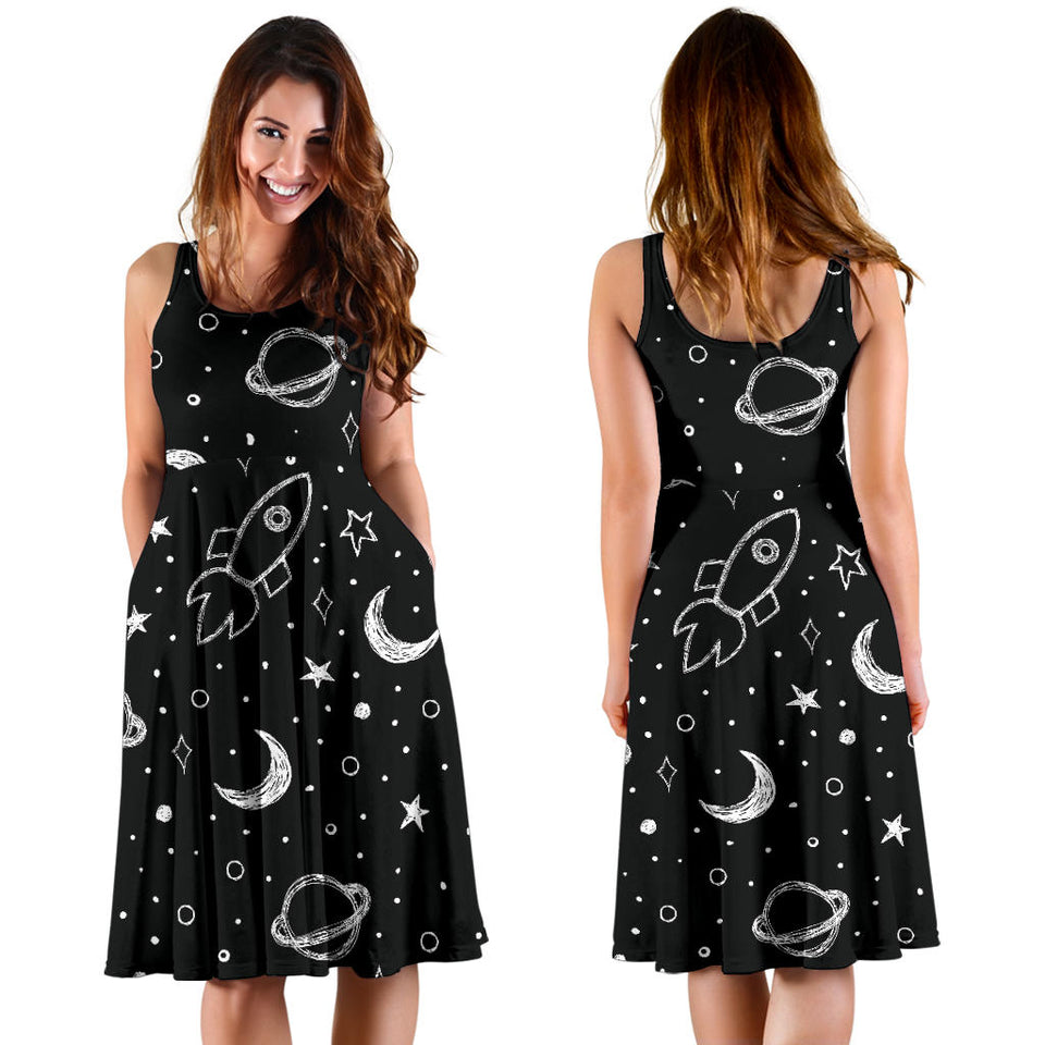 Hand Drawn Space Rocket Star Planet Sleeveless Midi Dress