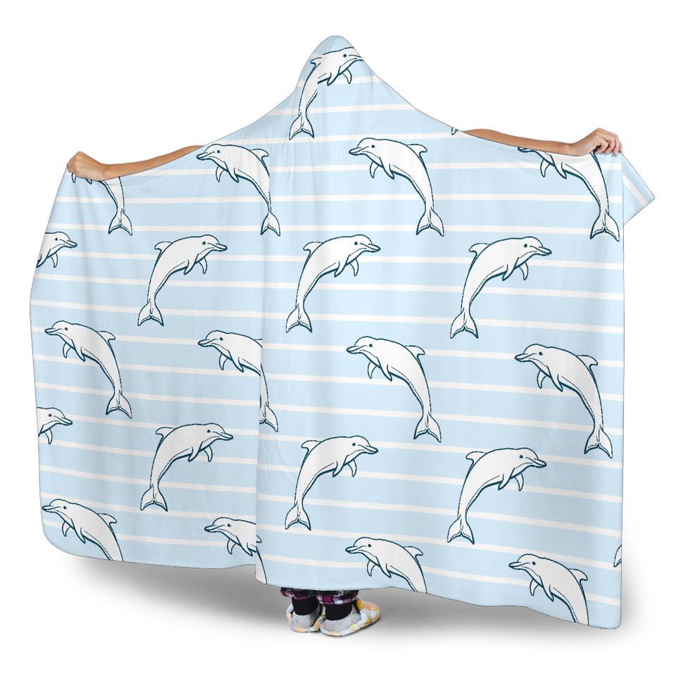 Dolphin Blue Striped Background Hooded Blanket