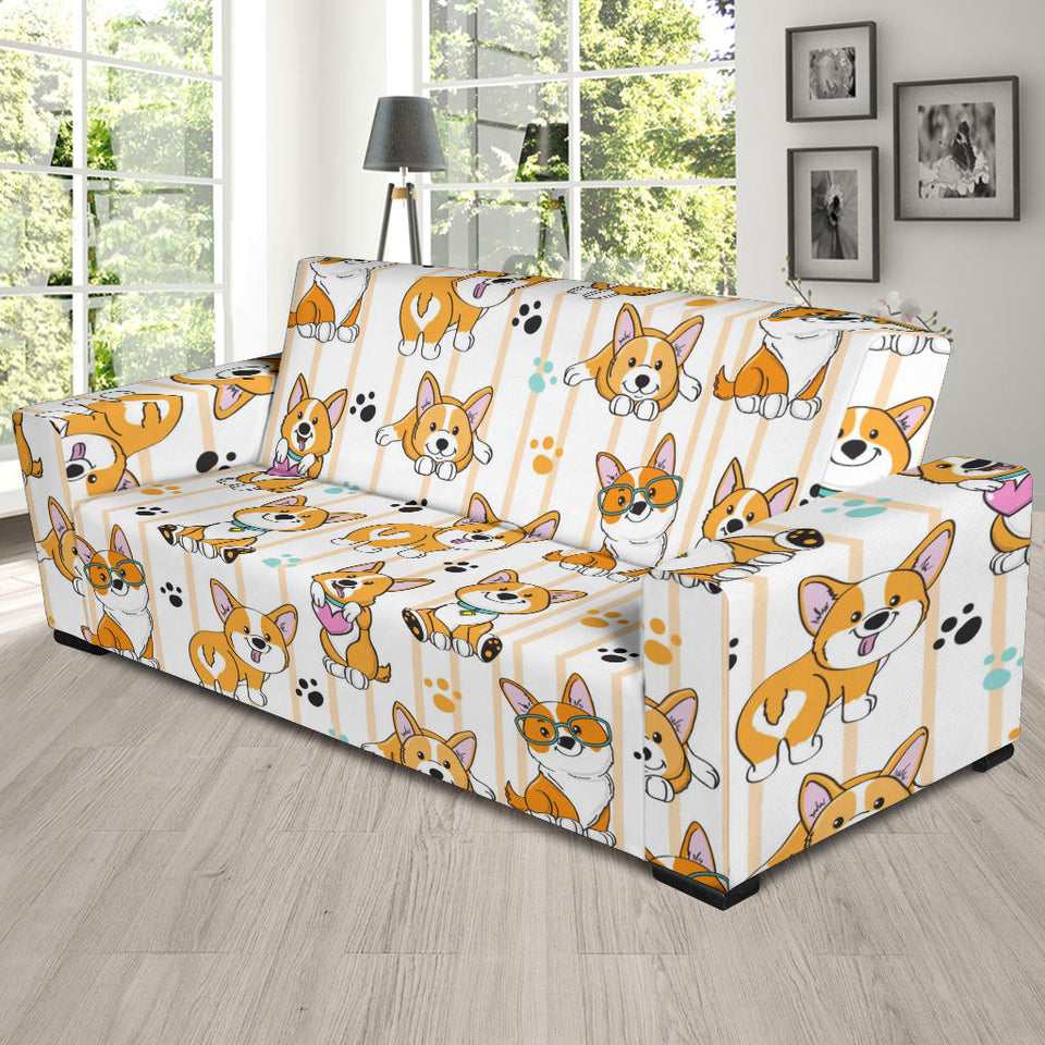 Cute Dog Corgi Striped Background Pattern Sofa Slipcover