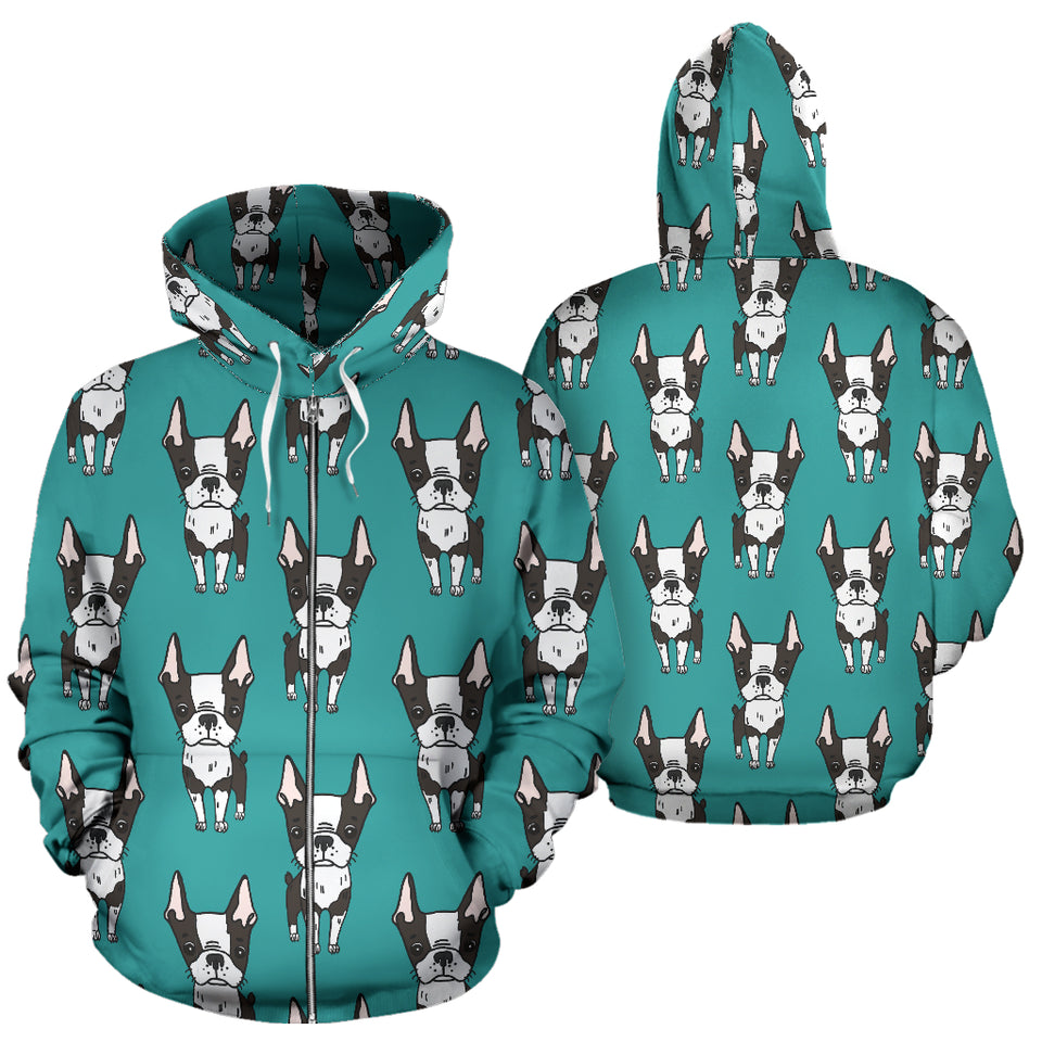 Hand Drawn Boston Terrier Dog Pattern Zip Up Hoodie