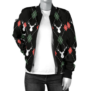 Deer Christmas New Year Pattern Argyle Women'S Bomber Jacket