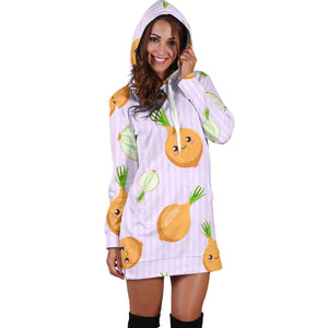 Cute Onions Smiling Faces Purple Background Women'S Hoodie Dress
