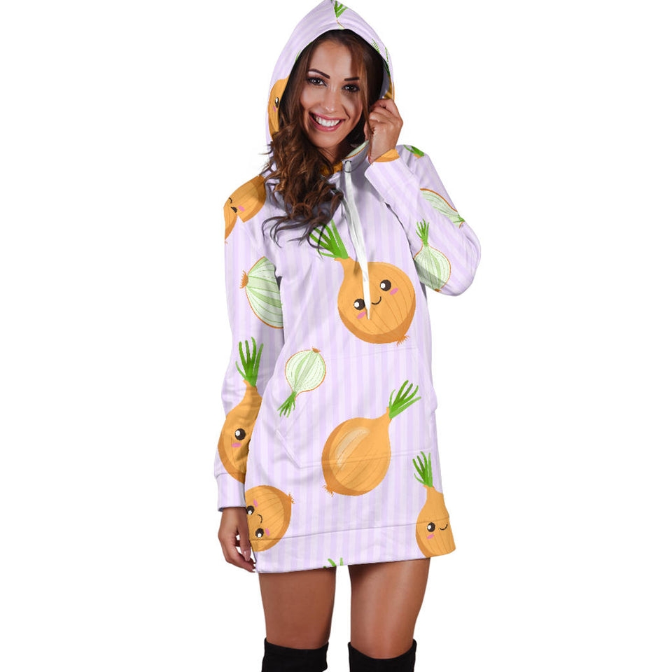 Cute Onions Smiling Faces Purple Background Women'S Hoodie Dress