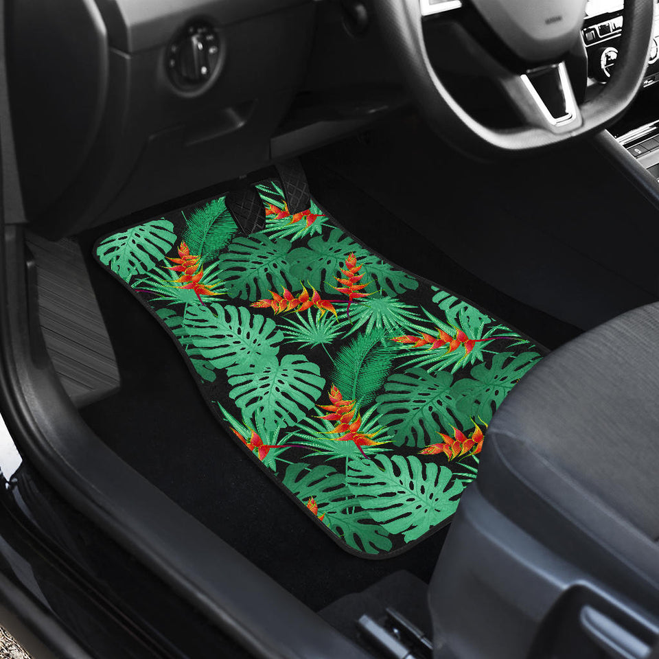 Heliconia Flower Palm Monstera Leaves Black Background Front Car Mats