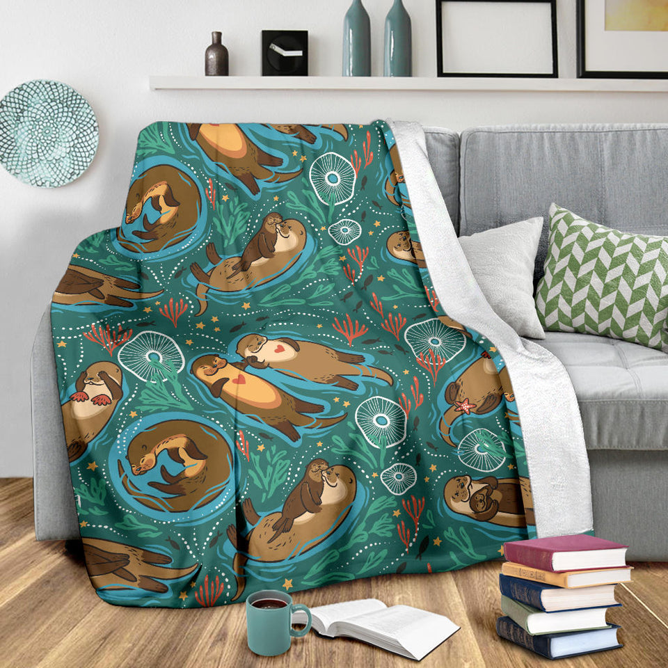 Cute Brown Sea Otters Ornamental Seaweed Corals Green Water Premium Blanket