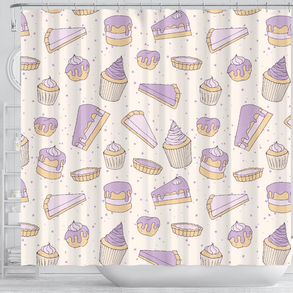 Cakes Pies Tarts Muffins And Eclairs Purple Blueberry Topping Pattern Shower Curtain Fulfilled In US