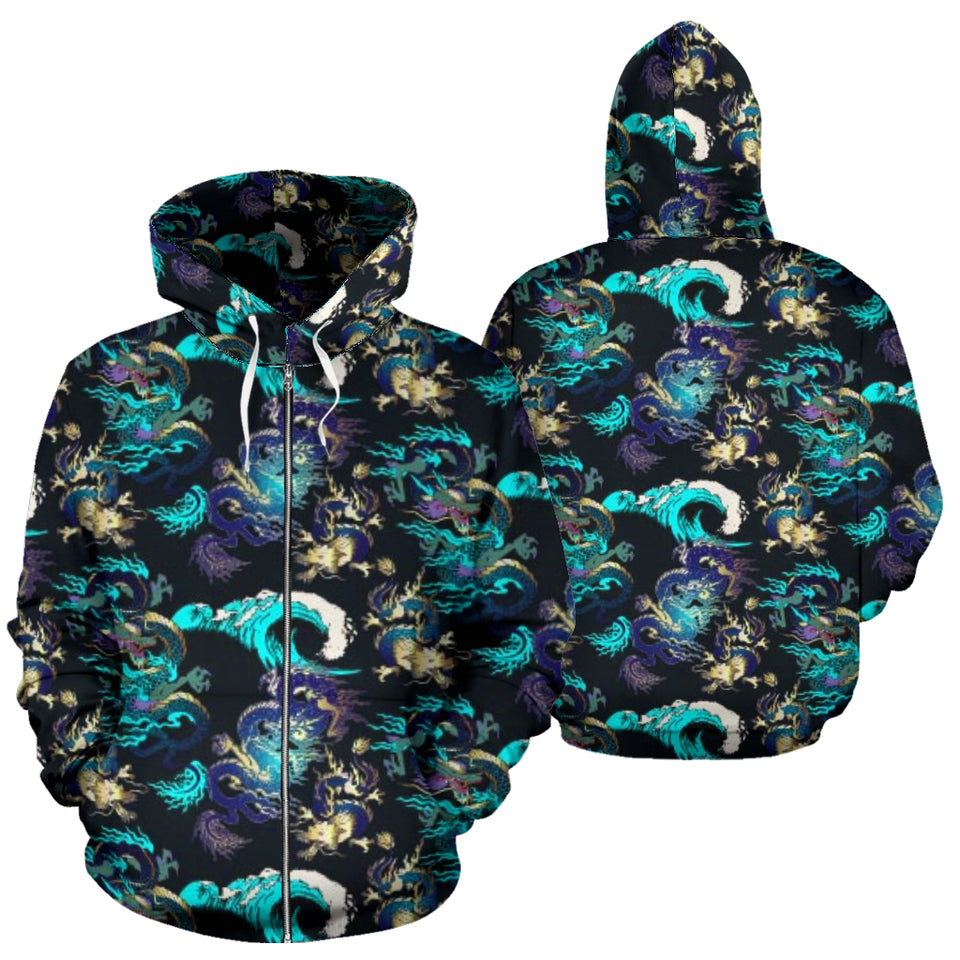 Dragon Sea Wave Pattern Zip Up Hoodie