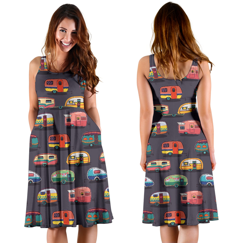 Camper Van Pattern Print Design 02 Sleeveless Midi Dress