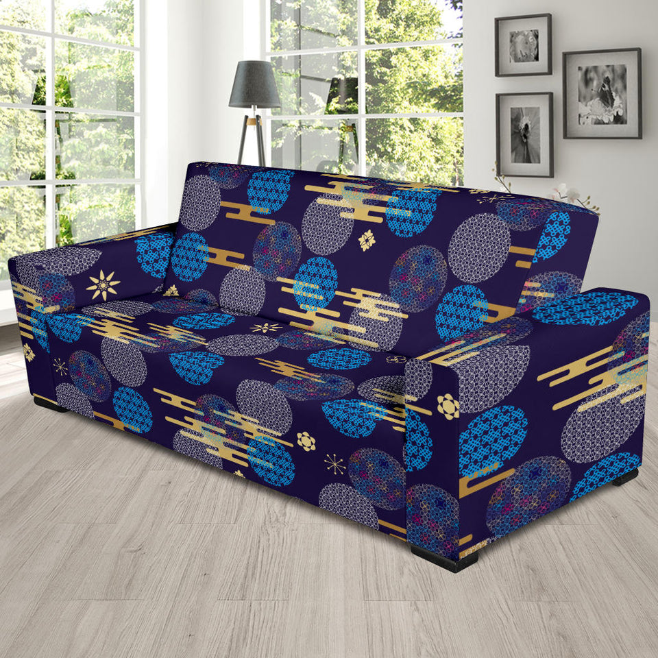 Blue Japanese Pattern Cloud Wave Flower Sofa Slipcover