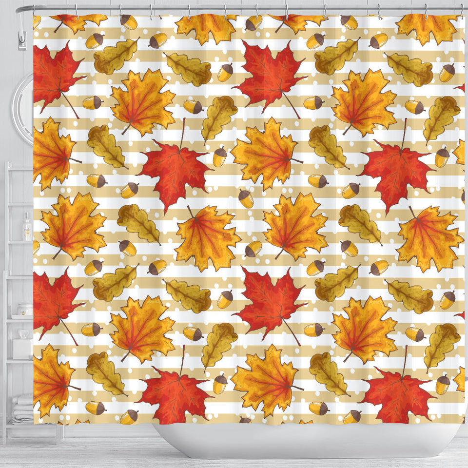 Maple Leaf Oak Leaf Acorns Beige Striped Background Shower Curtain Fulfilled In US