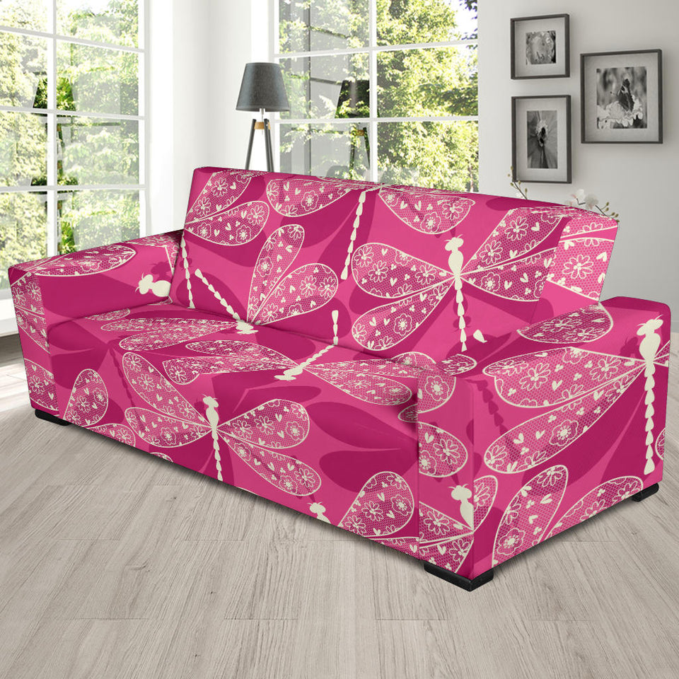Beautiful Dragonfly Pink Background Sofa Slipcover