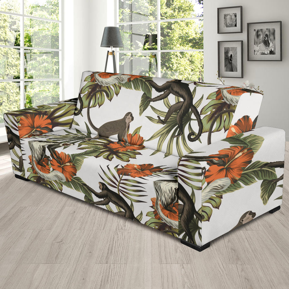 Monkey Red Hibiscus Flower Palm Leaves Floral Pattern Sofa Slipcover