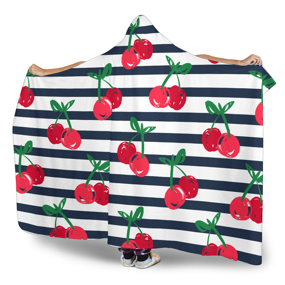 Hand Drawn Cherry Pattern Striped Background Hooded Blanket