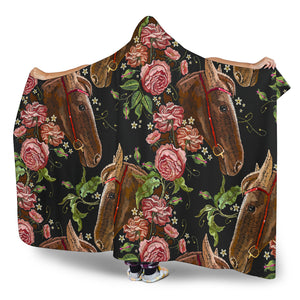 Horse Head Wild Roses Pattern Hooded Blanket