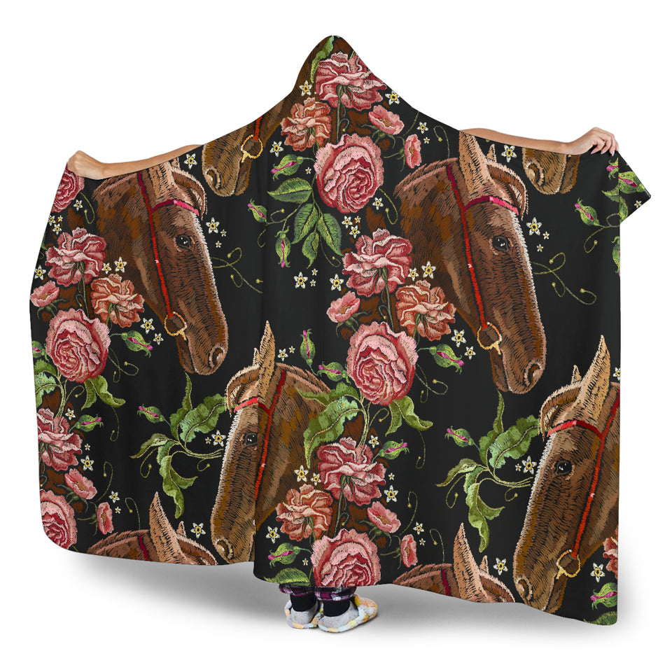 Horse Head Wild Roses Pattern Hooded Blanket