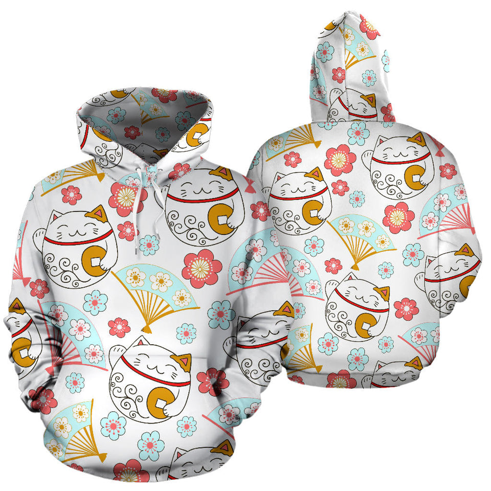 Maneki Neko Lucky Cat Fan Sakura Men Women Pullover Hoodie