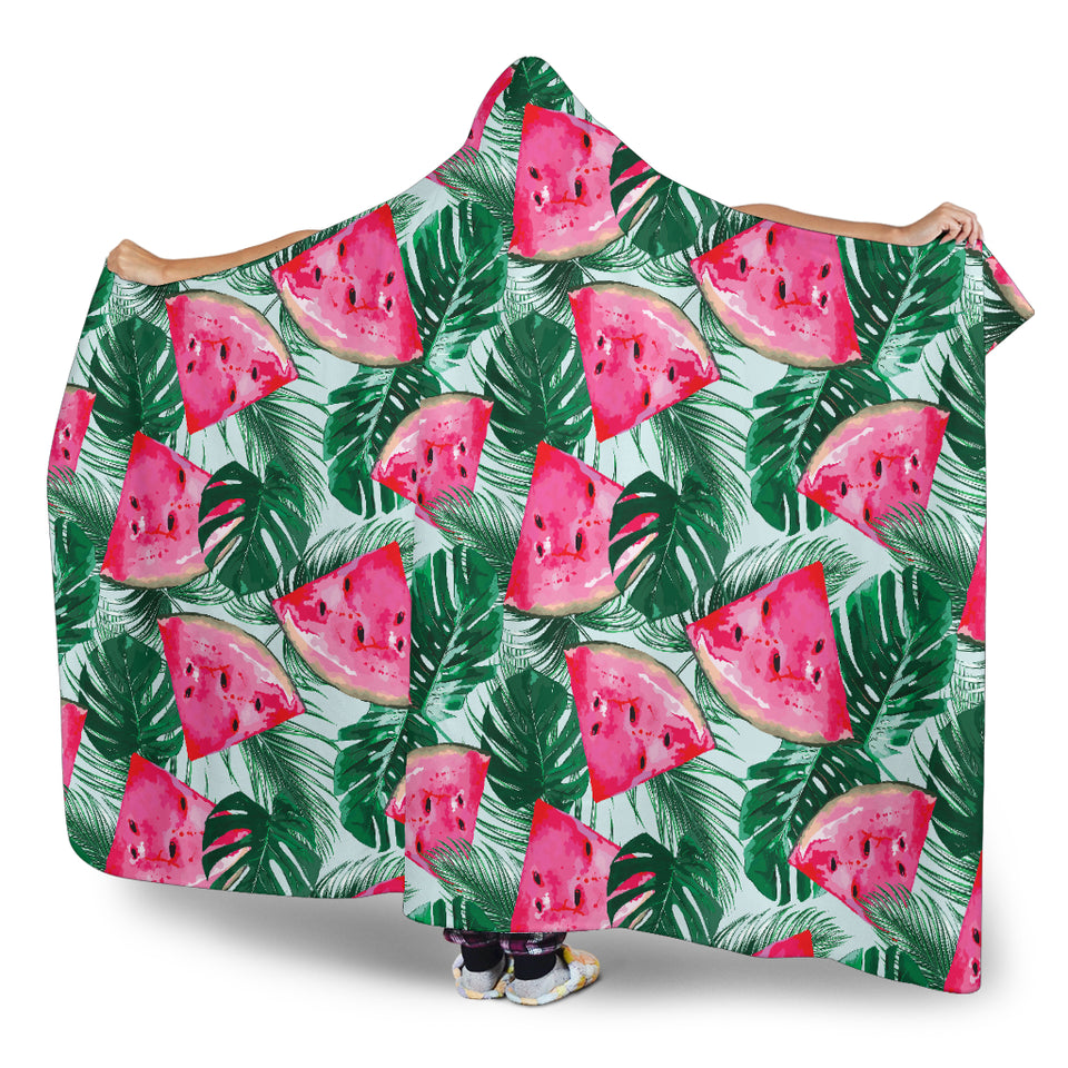 Watermelons Tropical Palm Leaves Pattern Hooded Blanket