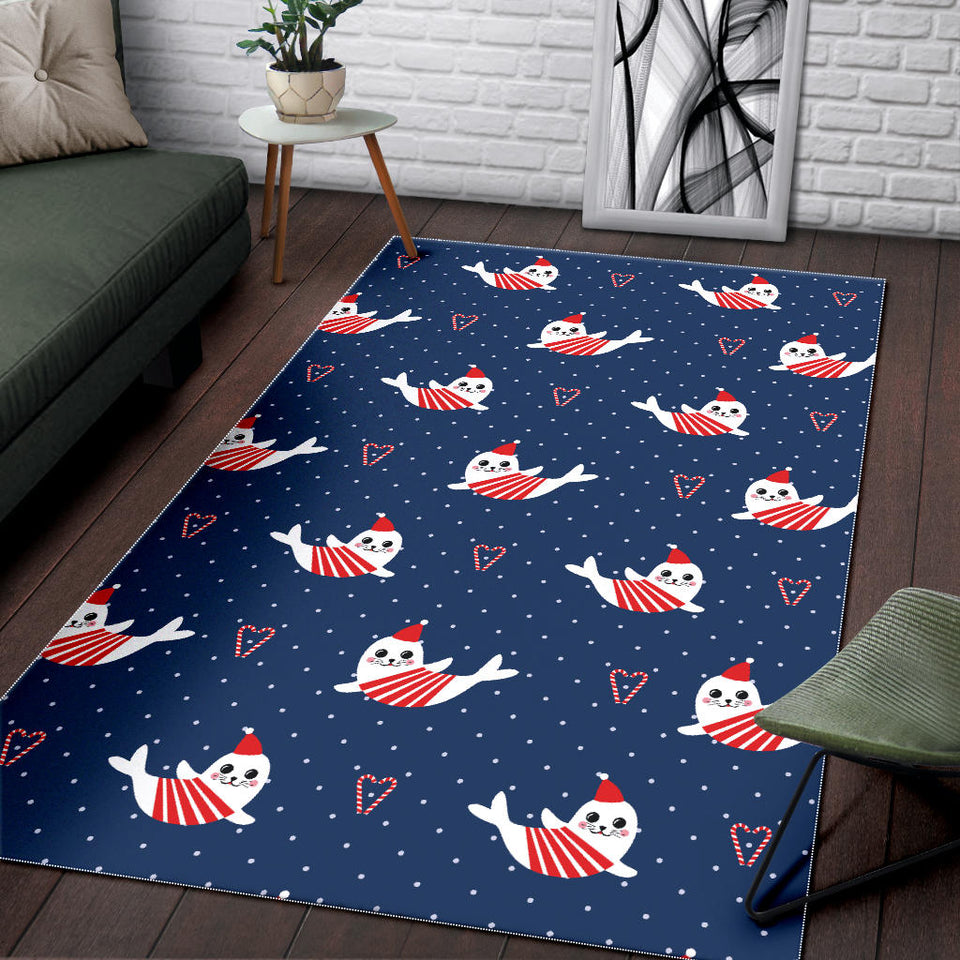 Cute Sea Lion Seal Christmas Hat Candy Cane Heart Pattern Area Rug