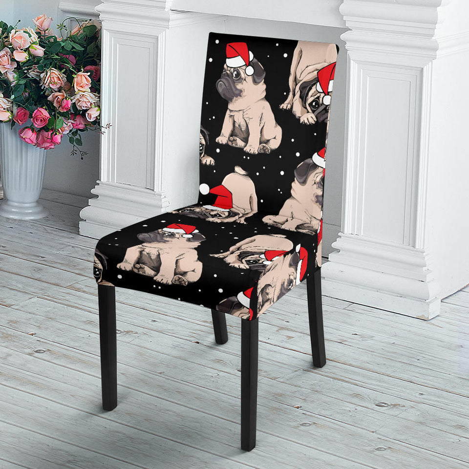 Christmas Pugs Santa_S Red Cap Pattern Dining Chair Slipcover