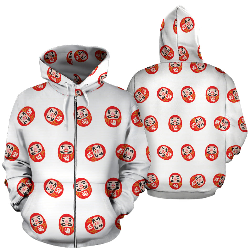 Daruma Japanese Wooden Doll Pattern Zip Up Hoodie