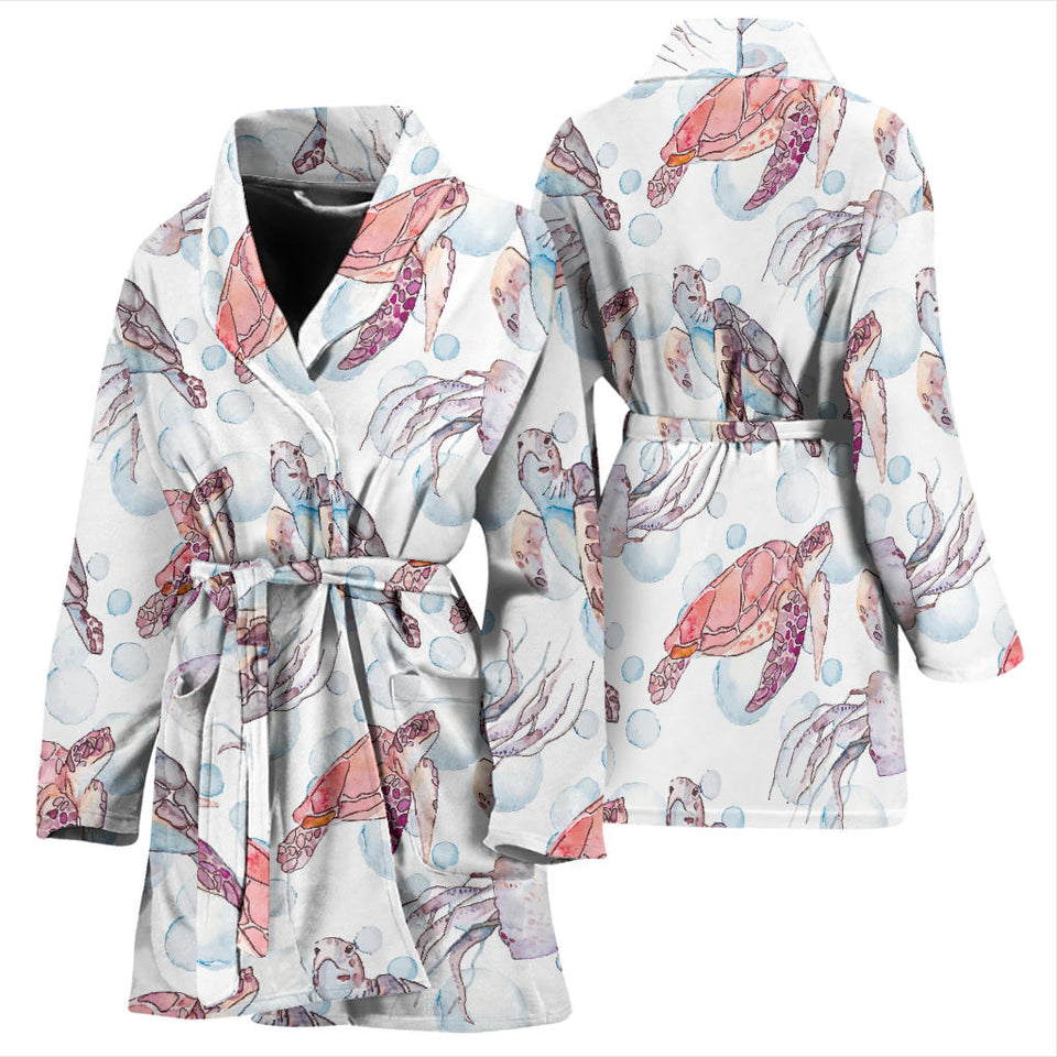 Watercolor Sea Turtle Jellyfish Pattern Women'S Bathrobe