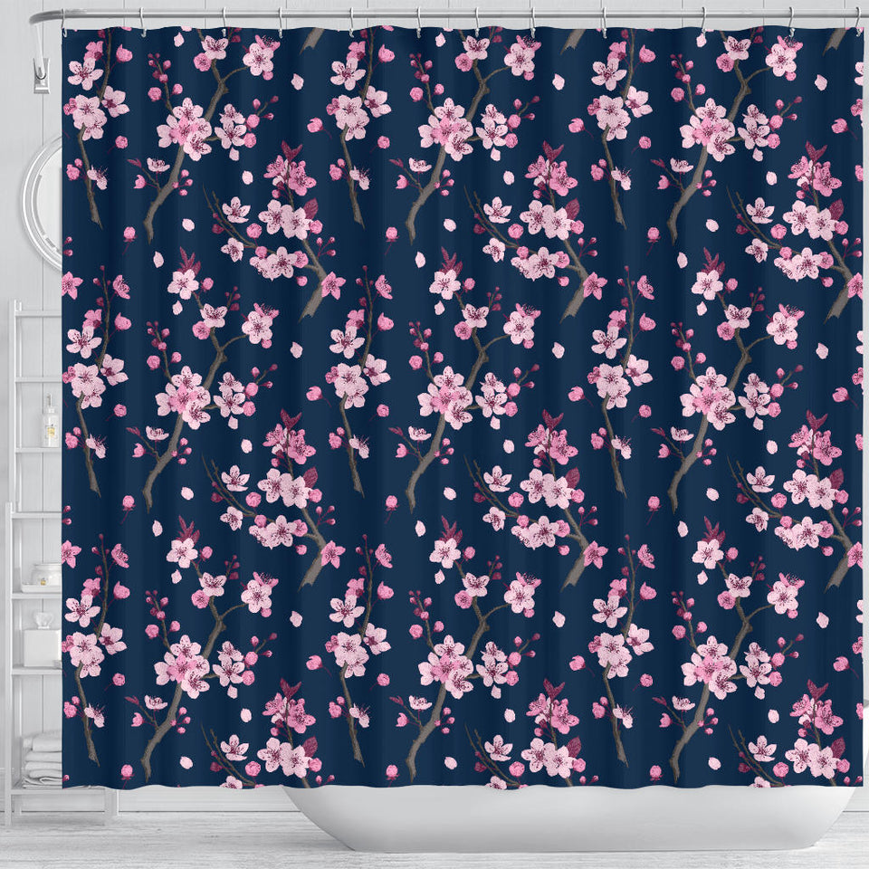 Pink Sakura Cherry Blossom Blue Background Shower Curtain Fulfilled In US