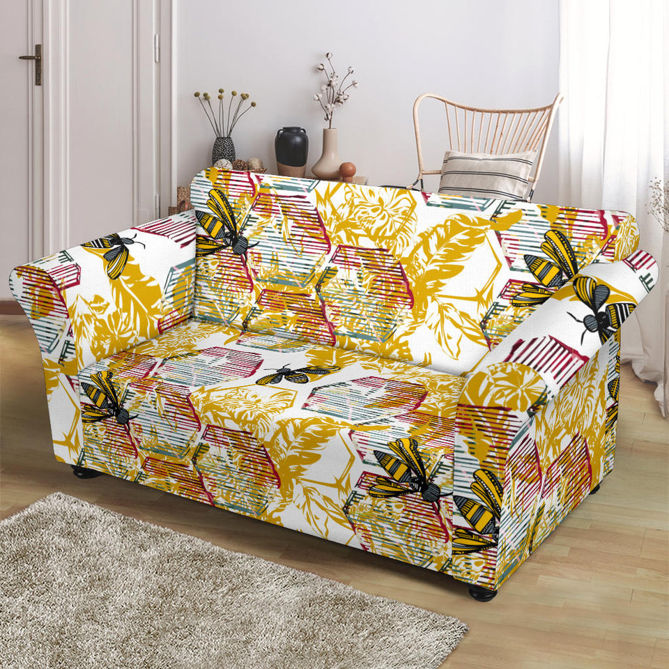 Cool Bee Honeycomb Leaves Pattern Loveseat Couch Slipcover