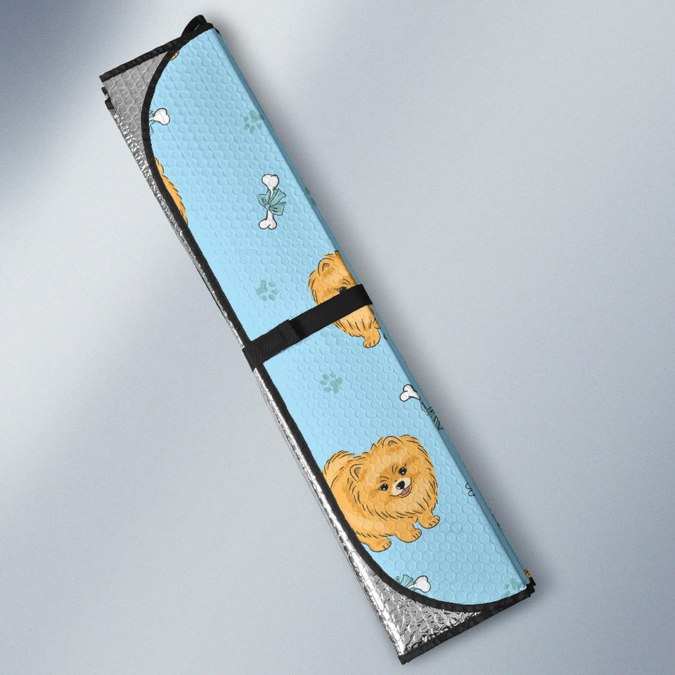 Brown Cute Pomeranian Blue Blackground Car Sun Shade