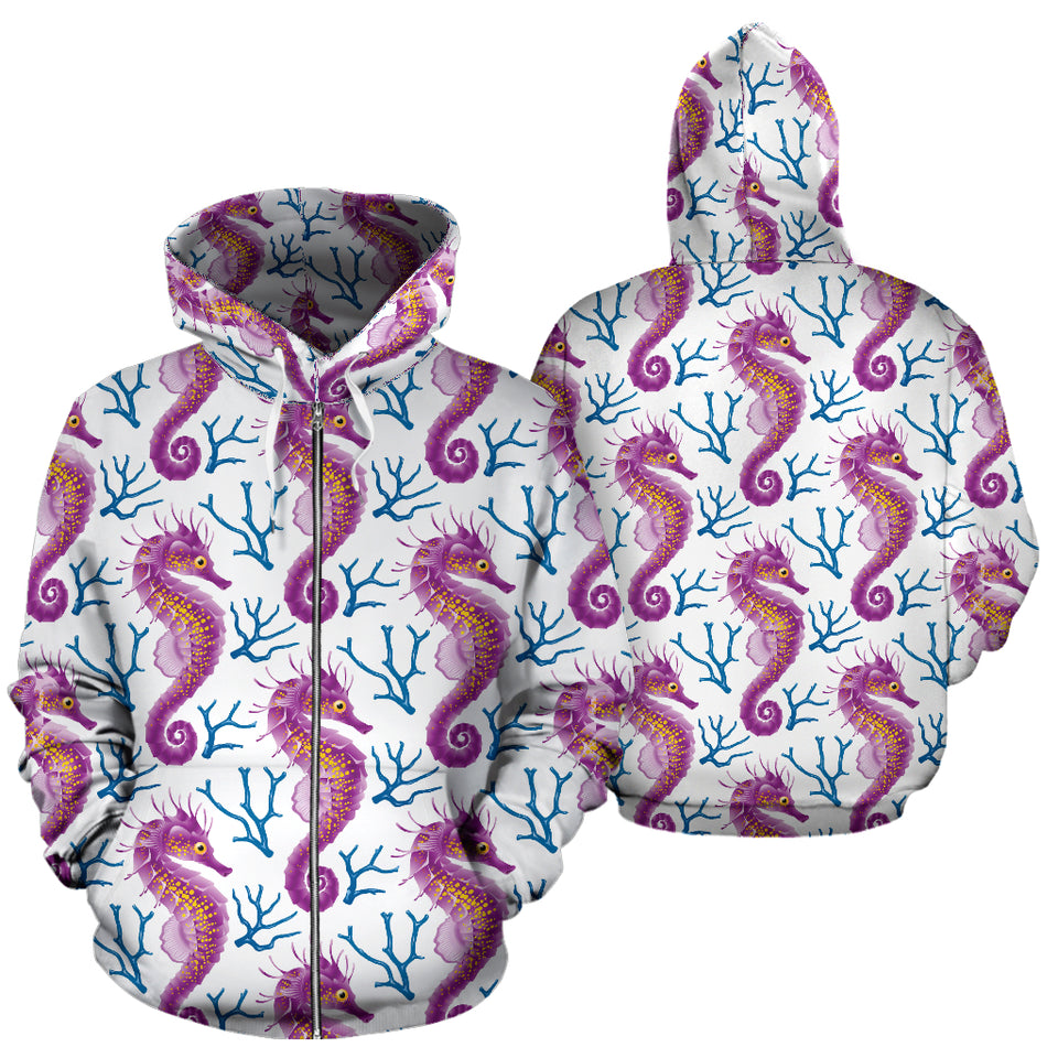Purple Seahorse Blue Coral Pattern Zip Up Hoodie