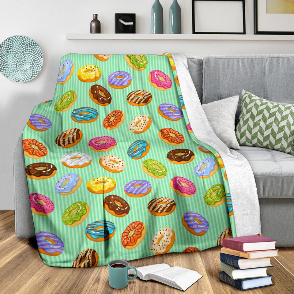 Colorful Donut Pattern Green Background Premium Blanket