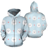 White Cute Pomeranian Pattern Zip Up Hoodie