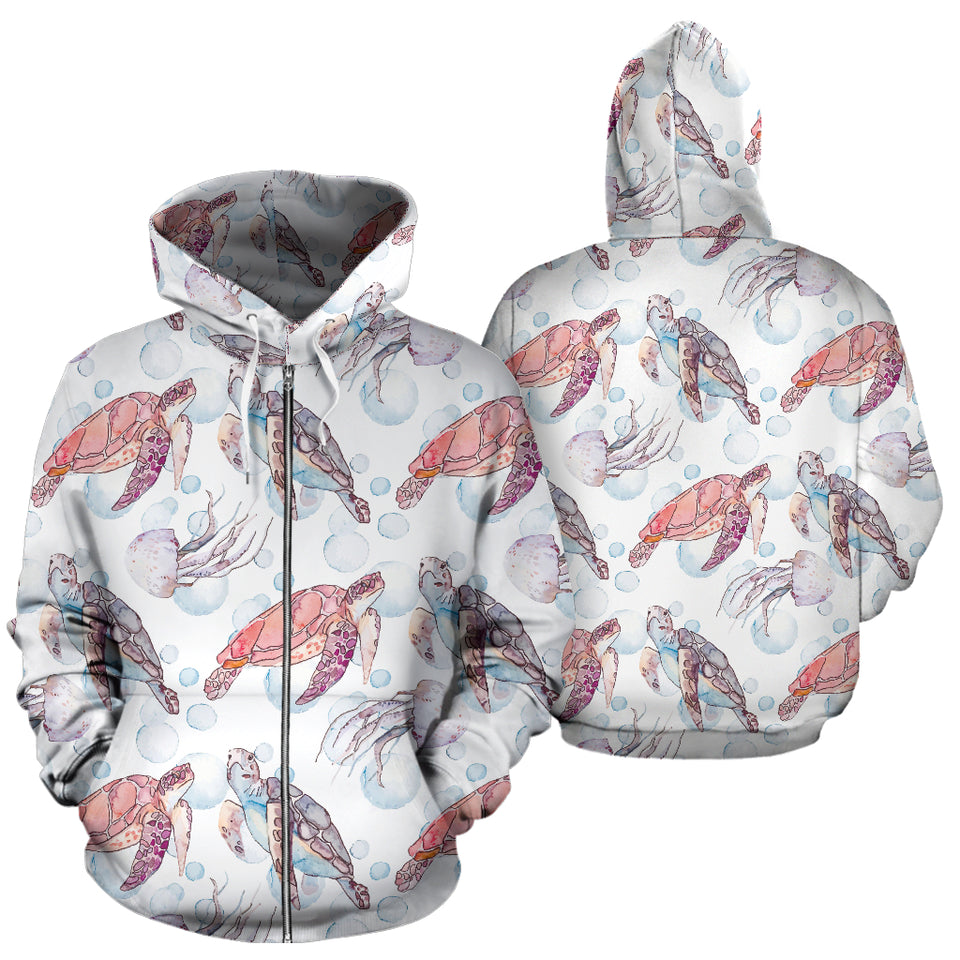 Watercolor Sea Turtle Jellyfish Pattern Zip Up Hoodie