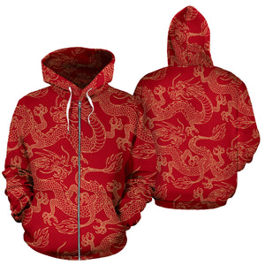 Gold Dragons Red Background Zip Up Hoodie