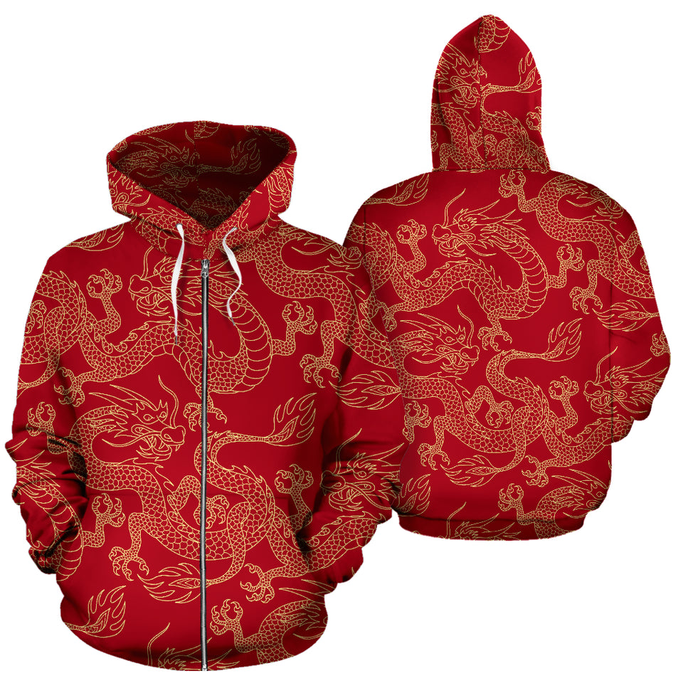 Gold Dragons Red Background Zip Up Hoodie