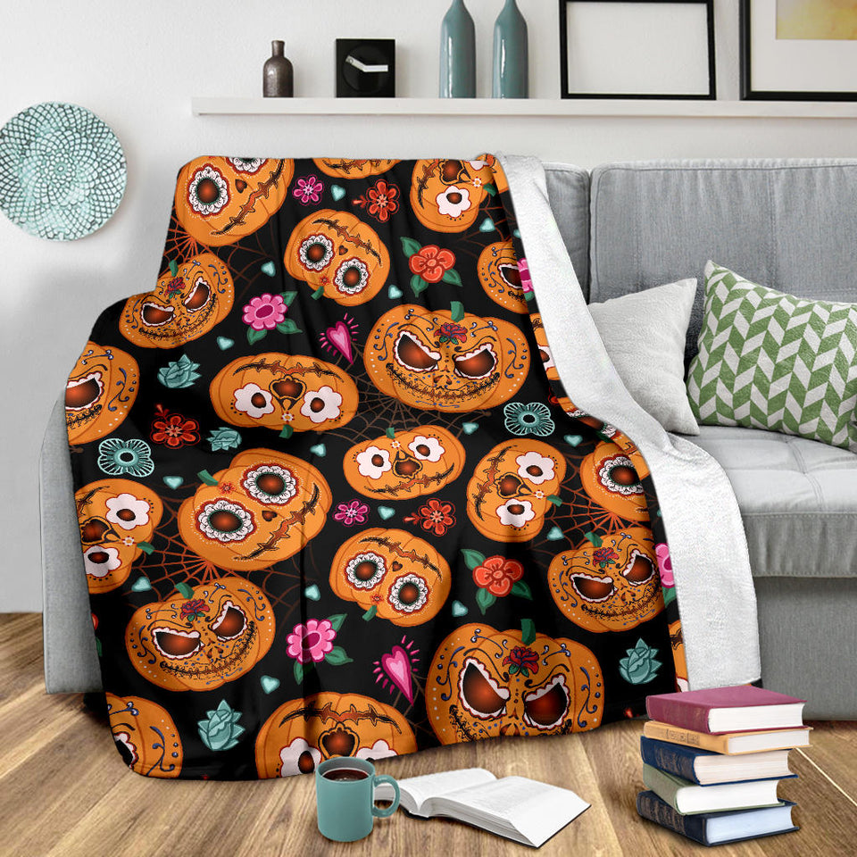 Pumpkin Flowers Spiderweb Halloween Theme Premium Blanket