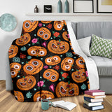 Pumpkin Flowers Spiderweb Halloween Theme Premium Blanket
